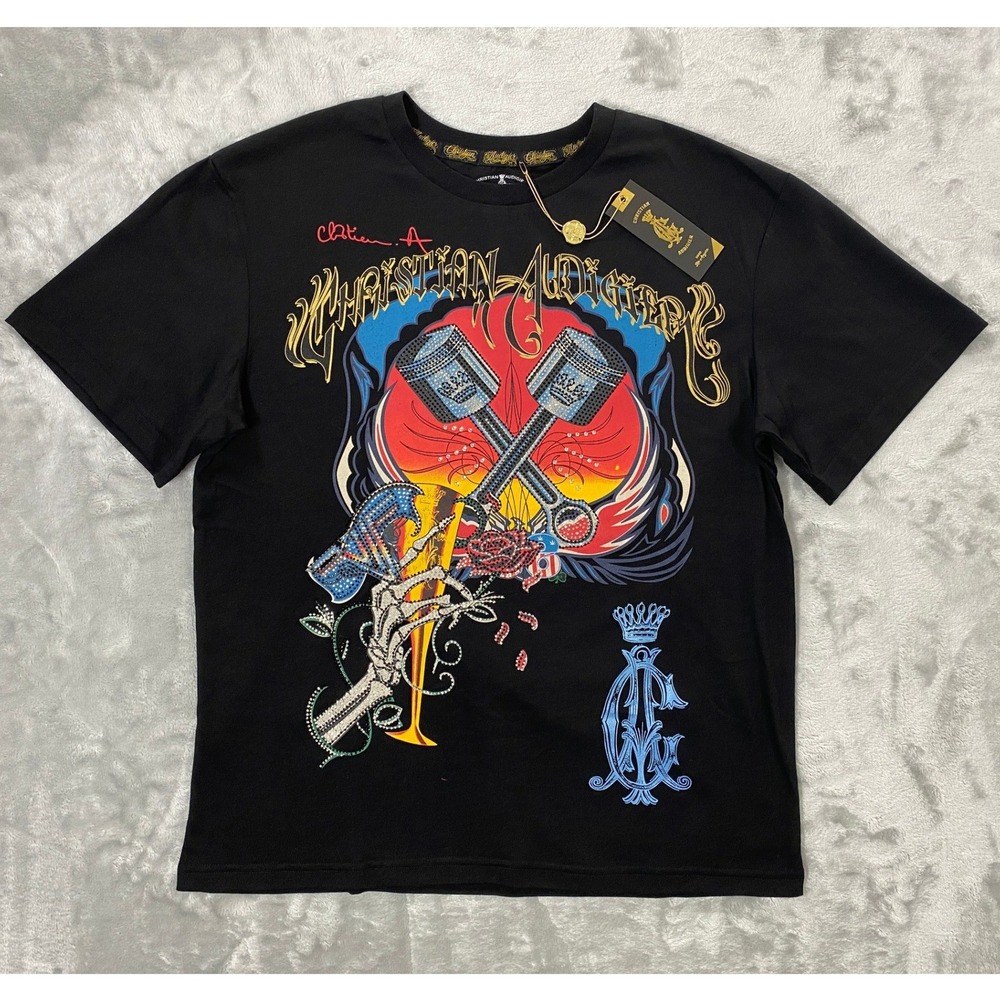 Christian Audigier T-Shirt Mens MED Black Piston Motor Head Graphic CA100012 NWT